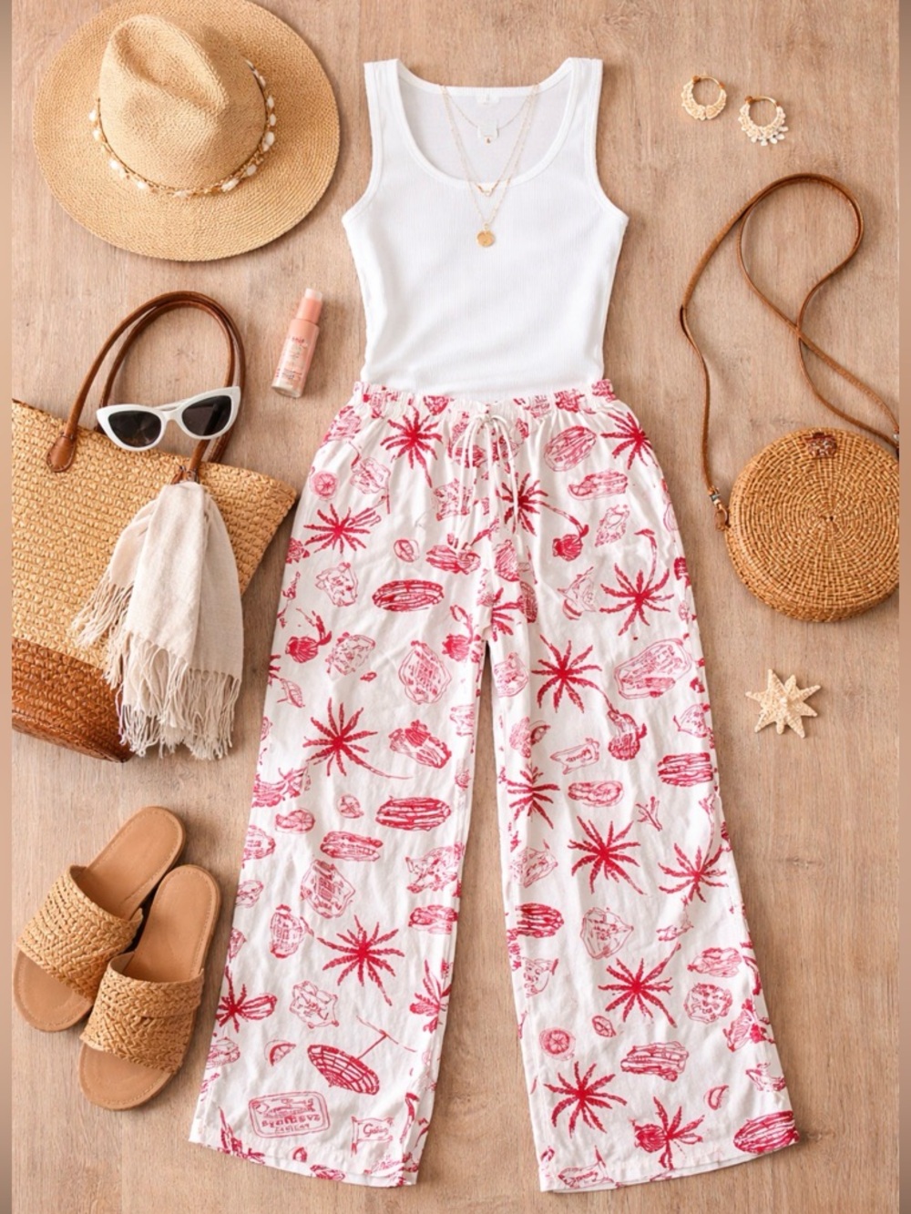 Angel Kiss | Beachy Red Print Wide Leg Pants | Lightweight Summer Lounge Pants